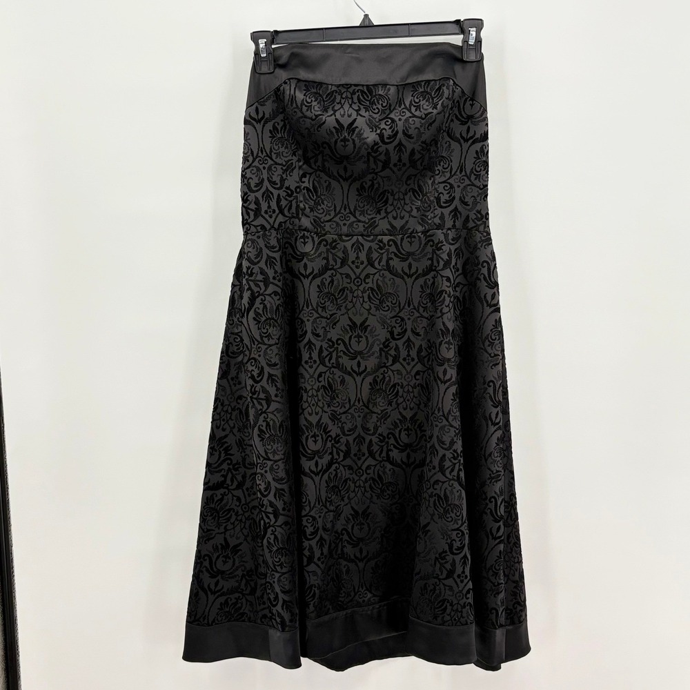 White House Black Market Black Damask Strapless Midi Dress Satin Trim Size 14 - Picture 1 of 8